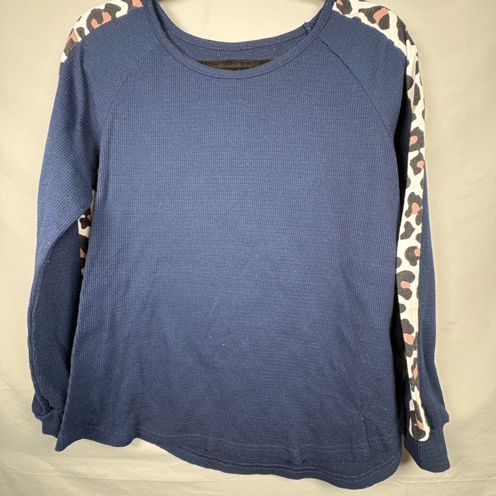 Women's Size L Blue Sweater with Animal Print on Sleeves